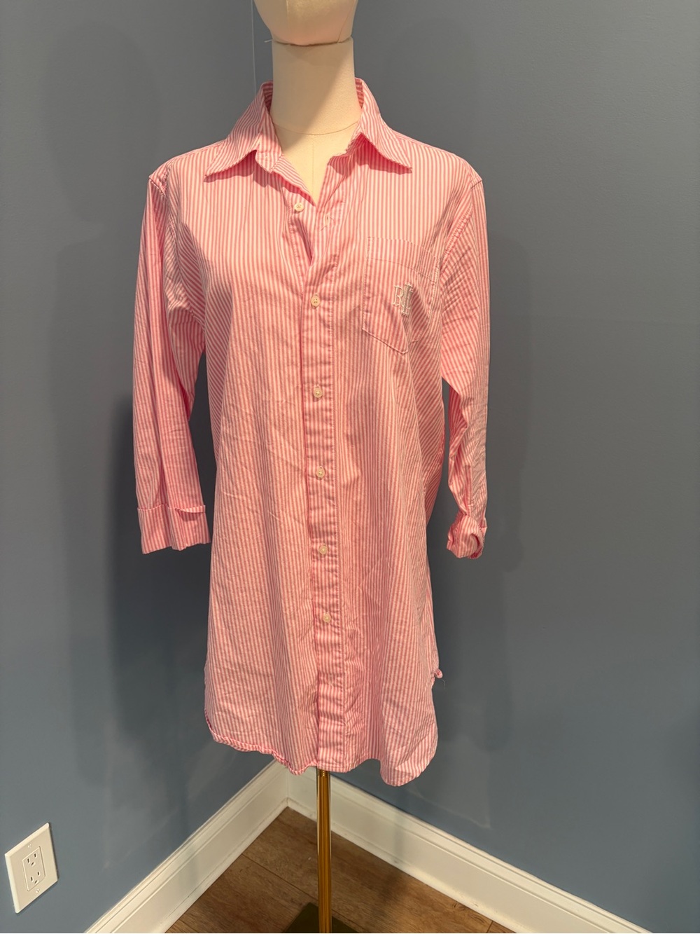 Lauren Ralph Lauren Pink White Stripe Cotton Shirt Dress Cover Up Sleep Shirt - Picture 8 of 10